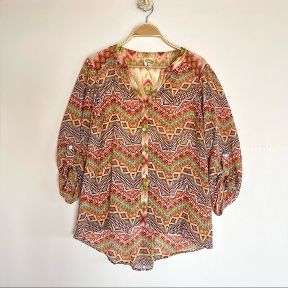 Fig and Flower V Neck Chiffon Geometric Aztec Print M - Picture 16 of 16